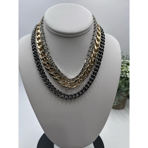 Steve Madden Layered Tri Tone Mixed Metal Bling Stones Curb Chain Necklace New - Picture 2 of 16